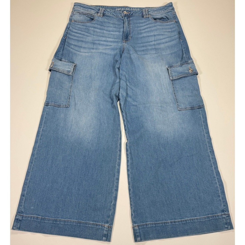 American Eagle Super High Rise Baggy Wide Leg Cargo Jeans Womens 20 Regular Blue